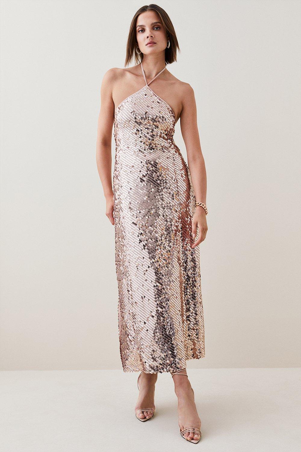 Liquid Sequin Woven Halter Dress Karen Millen